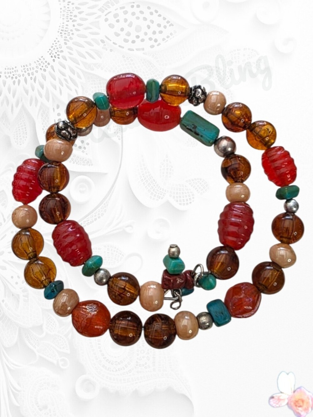 Handmade Red & Amber Beaded Wrap Bracelet with Turquoise Accents